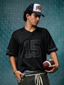 EVRINFINITE Men's Embroidered American Football Jersey, Black Casual V-Neck Short Sleeve T-Shirt, Sports Pullover For Party Spring Fall - Black - View 1