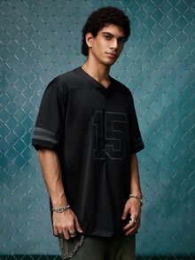EVRINFINITE Men's Embroidered American Football Jersey, Black Casual V-Neck Short Sleeve T-Shirt, Sports Pullover For Party Spring Fall - Black - View 5