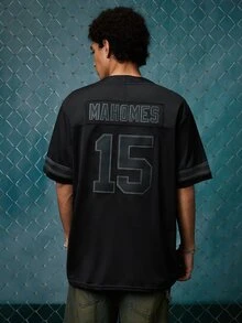 EVRINFINITE Men's Embroidered American Football Jersey, Black Casual V-Neck Short Sleeve T-Shirt, Sports Pullover For Party Spring Fall - Black - View 2