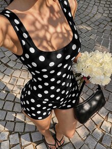 Sunnyshic Polka Dot Print Backless Sports Romper - Black and White - View 2