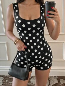 Sunnyshic Polka Dot Print Backless Sports Romper - Black and White - View 4
