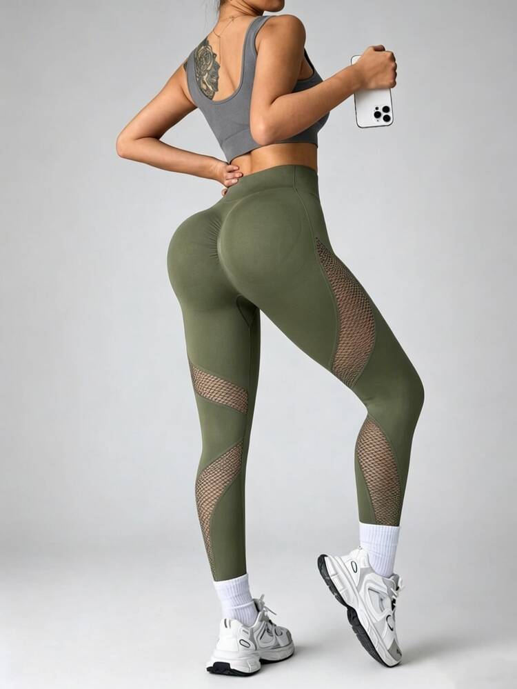 Solea Cove Solea Cove Seamless High Elasticity Sports Yoga Fitness Leggings Mesh Tight Pants - Army Green - View 11