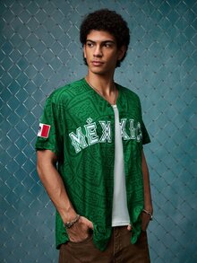 EVRINFINITE Jersey Baseball Meksiko Unisex, Desain Bordir Huruf Meksiko, Atasan Kardigan Kancing Lengan Pendek Leher V Longgar untuk Musim Gugur - Hijau - View 5