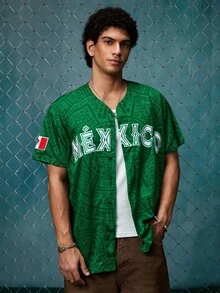 EVRINFINITE Jersey Baseball Meksiko Unisex, Desain Bordir Huruf Meksiko, Atasan Kardigan Kancing Lengan Pendek Leher V Longgar untuk Musim Gugur - Hijau - View 1