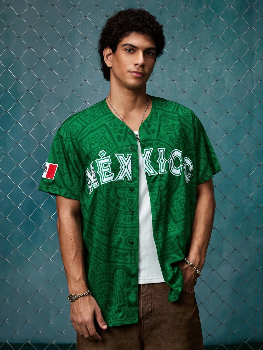 EVRINFINITE Jersey Baseball Meksiko Unisex, Desain Bordir Huruf Meksiko, Atasan Kardigan Kancing Lengan Pendek Leher V Longgar untuk Musim Gugur - Hijau - View 1