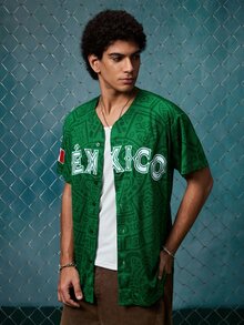 EVRINFINITE Jersey Baseball Meksiko Unisex, Desain Bordir Huruf Meksiko, Atasan Kardigan Kancing Lengan Pendek Leher V Longgar untuk Musim Gugur - Hijau - View 4