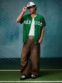 EVRINFINITE Jersey Baseball Meksiko Unisex, Desain Bordir Huruf Meksiko, Atasan Kardigan Kancing Lengan Pendek Leher V Longgar untuk Musim Gugur - Hijau - View 3