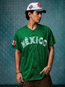 EVRINFINITE Jersey Baseball Meksiko Unisex, Desain Bordir Huruf Meksiko, Atasan Kardigan Kancing Lengan Pendek Leher V Longgar untuk Musim Gugur - Hijau - View 6