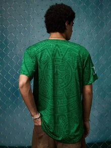 EVRINFINITE Jersey Baseball Meksiko Unisex, Desain Bordir Huruf Meksiko, Atasan Kardigan Kancing Lengan Pendek Leher V Longgar untuk Musim Gugur - Hijau - View 2
