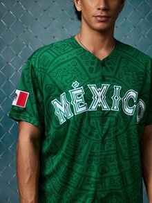 EVRINFINITE Jersey Baseball Meksiko Unisex, Desain Bordir Huruf Meksiko, Atasan Kardigan Kancing Lengan Pendek Leher V Longgar untuk Musim Gugur - Hijau - View 7