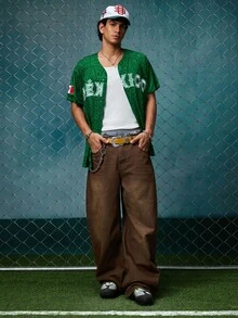 EVRINFINITE Jersey Baseball Meksiko Unisex, Desain Bordir Huruf Meksiko, Atasan Kardigan Kancing Lengan Pendek Leher V Longgar untuk Musim Gugur - Hijau - View 8