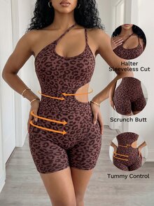 Gameset SHEIN Sport Spaghetti Strap Sleeveless Fitted Leopard Print Hollow-Out Sporty Jumpsuit - Brown - View 9