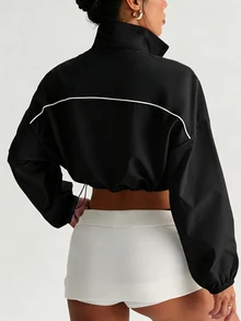 StreetHx 2件組黑白女款寬鬆運動衛衣套裝，秋冬款，白色半拉鍊長袖，前後配色拼接，羅紋下擺附抽繩，梭織布料，適合休閒、跑步、瑜伽、健身房、網球、高爾夫 - 彩色 - 查看 5