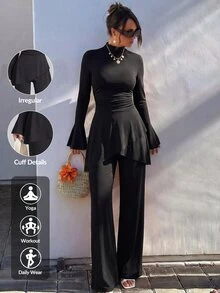SHEIN Sports طقم رياضي نسائي بأسلوب الشرق الأوسط من قطعتين بلون موحد مع بنطال طويل بحافة غير متماثلة وقميص بأكمام طويلة - الأسود - مشاهدة 3