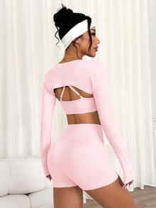 SHEIN Sports 女士时尚休闲超短袖披肩、细肩带交叉后背设计紧身衣和紧身短裤 3 件套运动服套装 - 淺粉色 - 查看 4