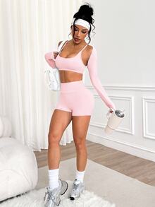 SHEIN Sports 女士时尚休闲超短袖披肩、细肩带交叉后背设计紧身衣和紧身短裤 3 件套运动服套装 - 淺粉色 - 查看 7