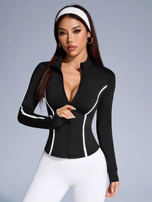 Dewbera Dewbera Contrast Trim Stand Collar Fitted Sports Jacket - Black - View 8