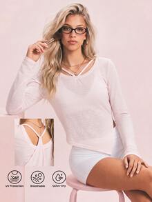 SHEIN Sovereign Charm 女款純色側開衩下擺長袖運動T恤 - 粉色 - 查看 5