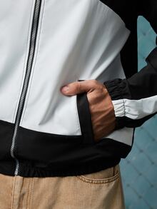EVRINFINITE Men Colorblock Drawstring Zipper Placket Long Sleeve Outdoor Windbreaker Jacket, Basic, Going Out, Boyfriend Gift, Fall - Black - View 7