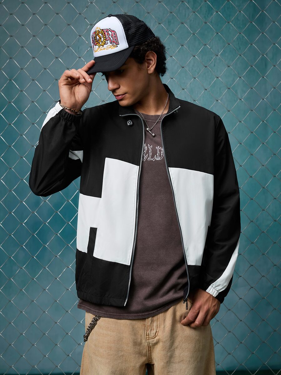 EVRINFINITE Men Colorblock Drawstring Zipper Placket Long Sleeve Outdoor Windbreaker Jacket, Basic, Going Out, Boyfriend Gift, Fall - Black - View 1