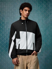 EVRINFINITE Men Colorblock Drawstring Zipper Placket Long Sleeve Outdoor Windbreaker Jacket, Basic, Going Out, Boyfriend Gift, Fall - Black - View 4