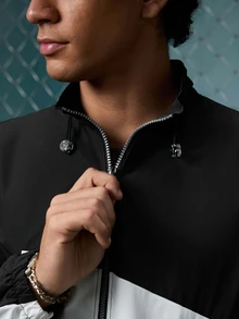 EVRINFINITE Men Colorblock Drawstring Zipper Placket Long Sleeve Outdoor Windbreaker Jacket, Basic, Going Out, Boyfriend Gift, Fall - Black - View 5