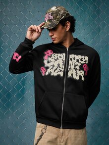 EVRINFINITE 男士拉链字母印花休闲连帽卫衣，秋季款，长袖上衣，Y2K风格 - 黑色 - 查看 2