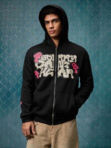 EVRINFINITE 男士拉链字母印花休闲连帽卫衣，秋季款，长袖上衣，Y2K风格 - 黑色 - 查看 5