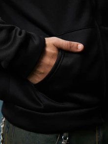 EVRINFINITE 男士宽松标语印花抽绳连帽抓绒卫衣，秋冬款，长袖上衣 - 黑色 - 查看 6