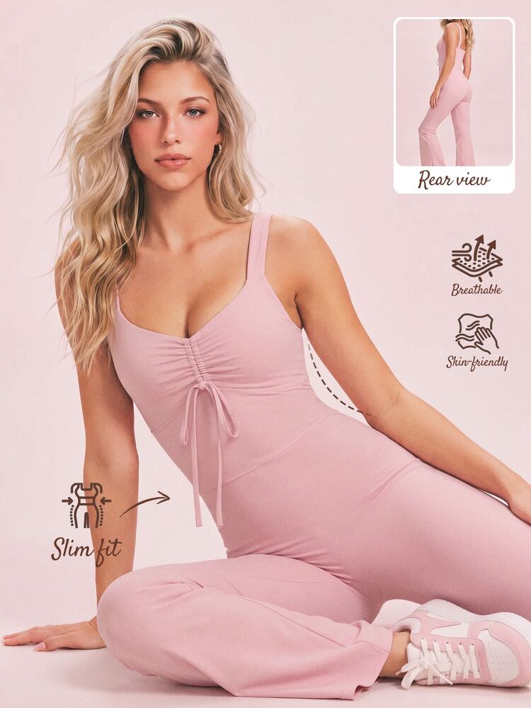 SHEIN Sovereign Charm 女款抓皺抽繩綁帶喇叭褲腳運動連身褲 - 粉色 - 查看 9