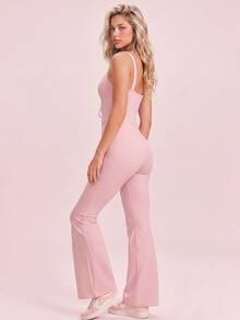 SHEIN Sovereign Charm Women's Ruched Drawstring Tie Flare Leg Sports Jumpsuit - Pink - View 6