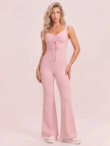 SHEIN Sovereign Charm Women's Ruched Drawstring Tie Flare Leg Sports Jumpsuit - Pink - View 7