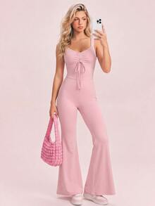 SHEIN Sovereign Charm Women's Ruched Drawstring Tie Flare Leg Sports Jumpsuit - Pink - View 4