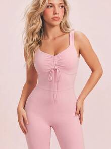 SHEIN Sovereign Charm Women's Ruched Drawstring Tie Flare Leg Sports Jumpsuit - Pink - View 3