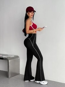 StreetHx Women's Fashion Street Line Colorblock Sports Tight Flare Pants - Black - View 6