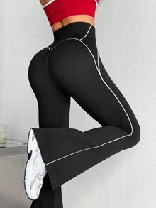 StreetHx Women's Fashion Street Line Colorblock Sports Tight Flare Pants - Black - View 1