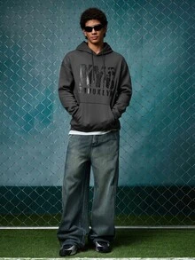 EVRINFINITE Preppy Lettering Men's Casual Street Hoodie, Drawstring Pocket, Slogan Print, Spring/Autumn, Long Sleeve Top - Dark Grey - View 3