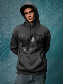 EVRINFINITE Preppy Lettering Men's Casual Street Hoodie, Drawstring Pocket, Slogan Print, Spring/Autumn, Long Sleeve Top - Dark Grey - View 4