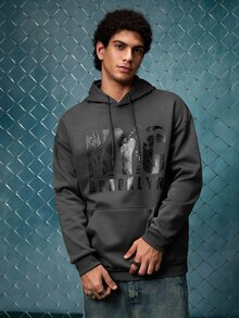 EVRINFINITE Preppy Lettering Men's Casual Street Hoodie, Drawstring Pocket, Slogan Print, Spring/Autumn, Long Sleeve Top - Dark Grey - View 1