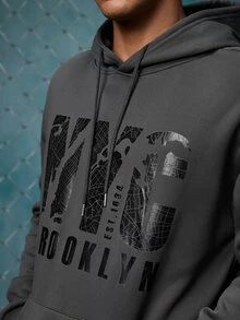 EVRINFINITE Preppy Lettering Men's Casual Street Hoodie, Drawstring Pocket, Slogan Print, Spring/Autumn, Long Sleeve Top - Dark Grey - View 6