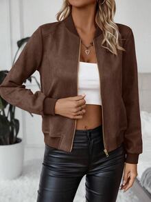 SHEIN 女式纯色常规肩长袖短款拉链休闲百搭夹克 - 棕色 - 查看 5