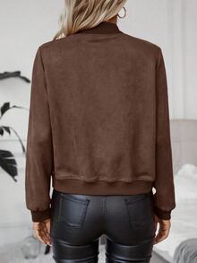 SHEIN 女式纯色常规肩长袖短款拉链休闲百搭夹克 - 棕色 - 查看 2