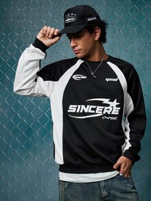 EVRINFINITE 男士拼色休闲圆领长袖套头衫，外出街头时尚图案卫衣，适合送给朋友、丈夫、男朋友的礼物，适合秋季 - 黑色 - 查看 4