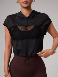 SHEIN Sports Hollow-Out Patchwork Cropped Sweatshirt - Black - View 4