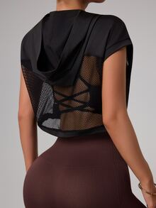 SHEIN Sports Hollow-Out Patchwork Cropped Sweatshirt - Black - View 2