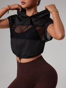 SHEIN Sports Hollow-Out Patchwork Cropped Sweatshirt - Black - View 5