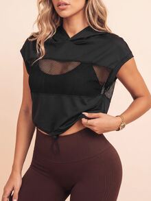 SHEIN Sports Hollow-Out Patchwork Cropped Sweatshirt - Black - View 1