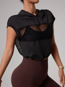 SHEIN Sports Hollow-Out Patchwork Cropped Sweatshirt - Black - View 6