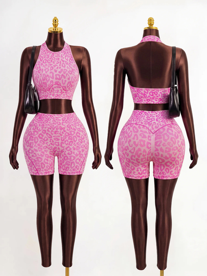Mistrie 1 Set, Pink Leopard Print Seamless Women's Sports Outfit, Halter Neck Sleeveless, Soft Comfortable Fit, Suitable For Workout, Running, Athleisure, Gym