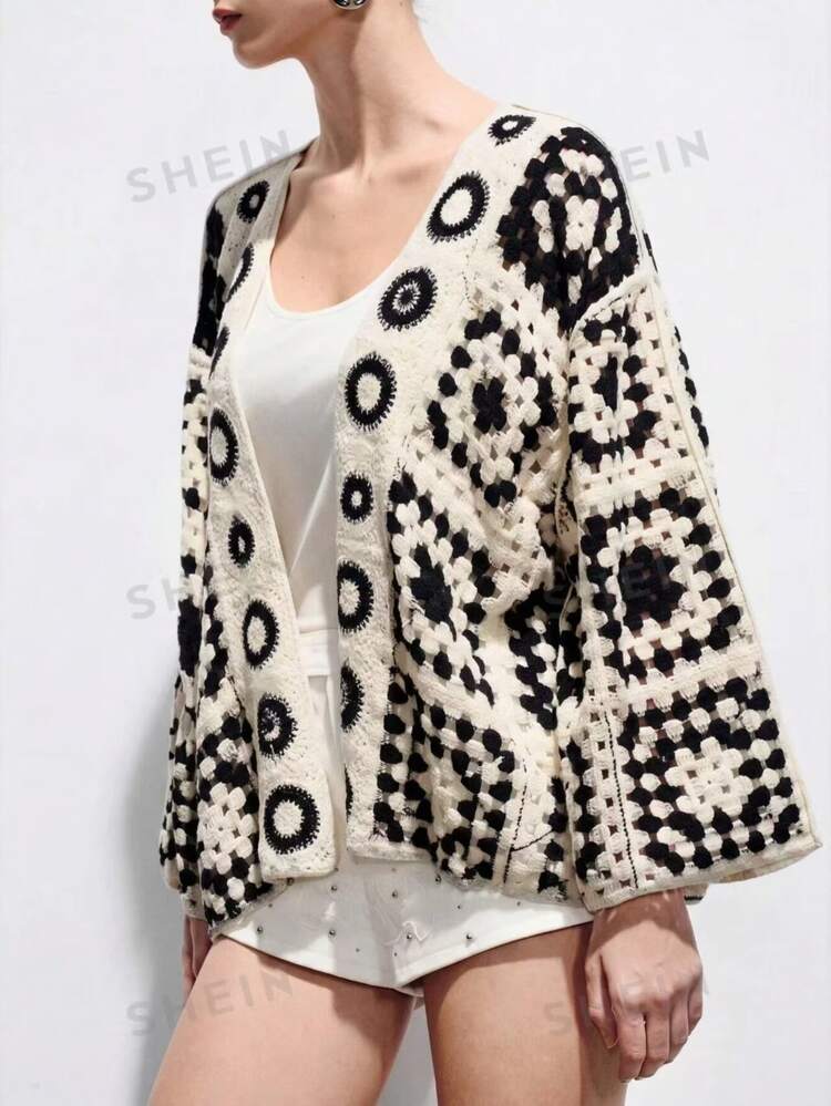 SHEIN Women's Crochet Geometric Pattern Dolman Sleeve Loose Knit Cardigan,Vacation,Beach,Going Out,Hawaii,Resort Wear,Kimono Autumn Black And White Boho - Black - View 3
